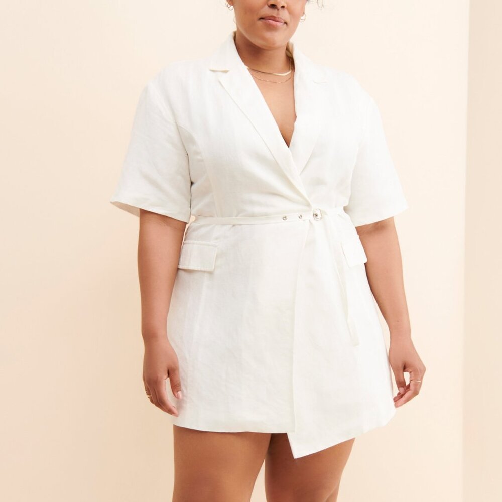 4SI3NNA Lorenzo Short-Sleeve Belted Mini Blazer Dress White Small